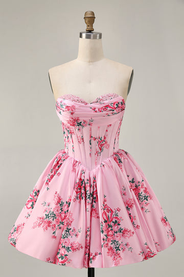 Pink Flower A-Line Strapless Printed Homecoming Dress with Beading